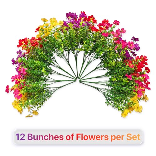 2 Sets Outdoor Artificial Flowers with 12" Hanging Basket, 24 Bunches of Faux Flowers with 2 Hanging Planters Yellow Orange A15404