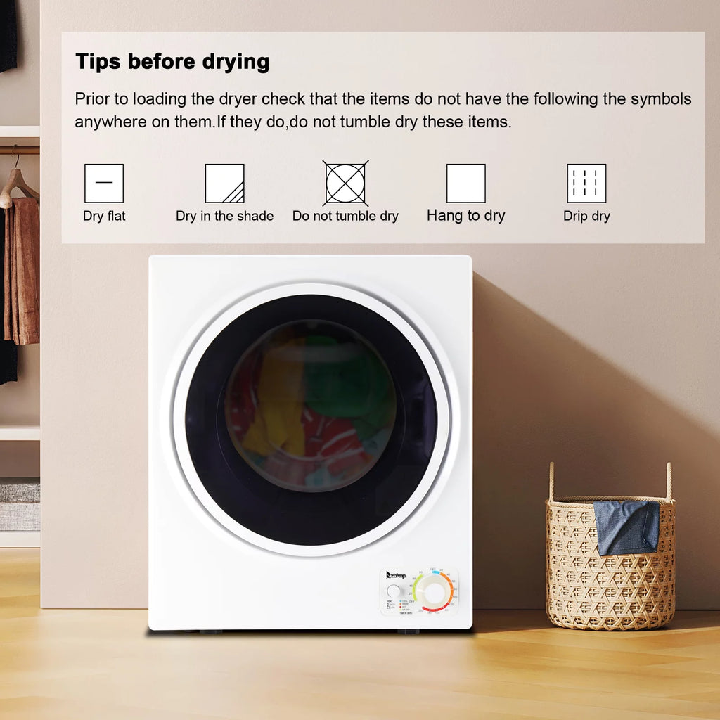 Portable 850W 1.6cu ft Front Load Electric Clothes Dryer with Stainless Steel Tub, White P164471