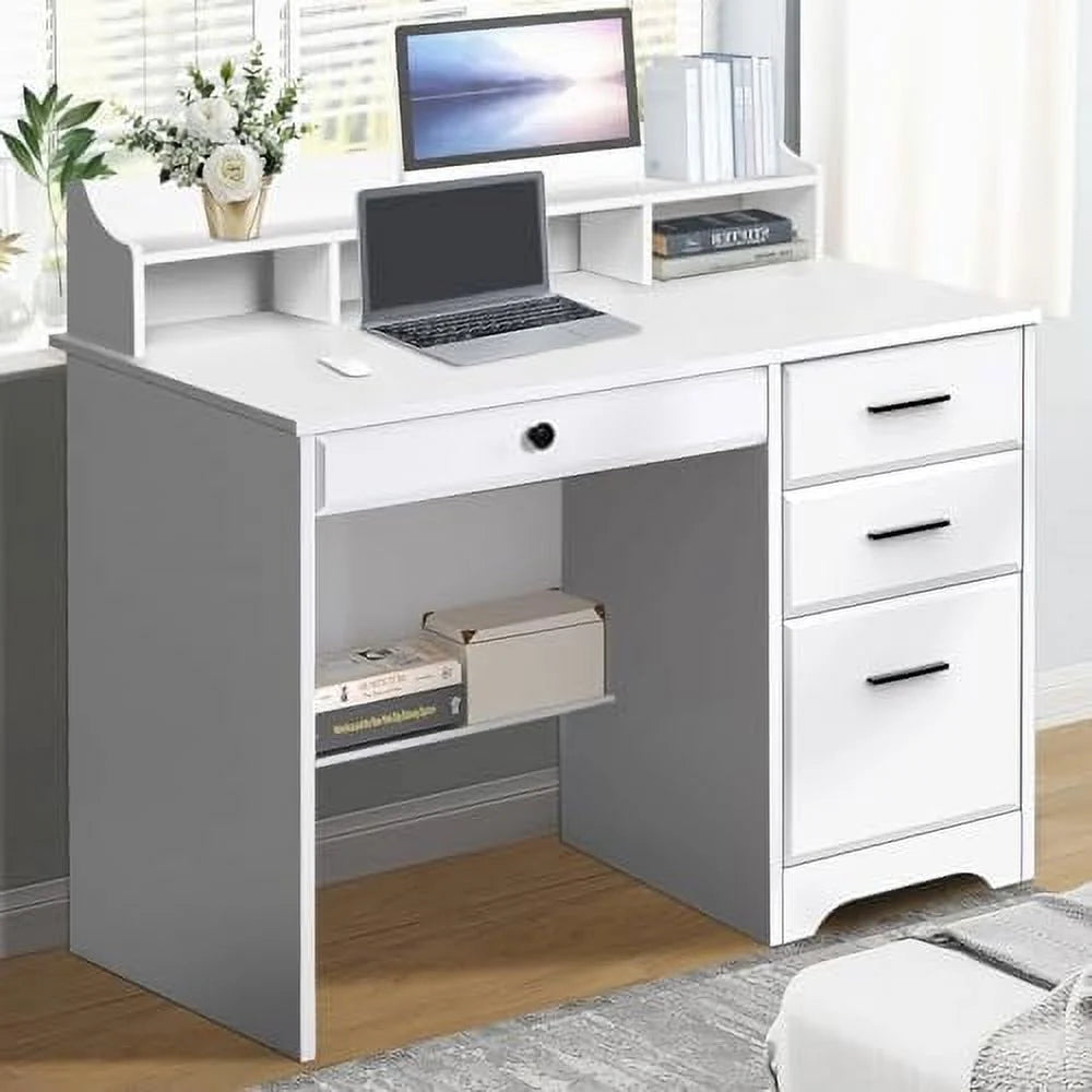 White 44" Wood Desk with 4 Drawers and Hutch K4672