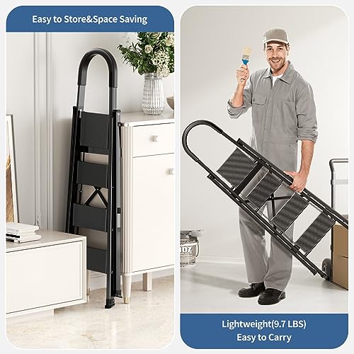 Black Aluminum Folding Step Stool with Handgrip W543649