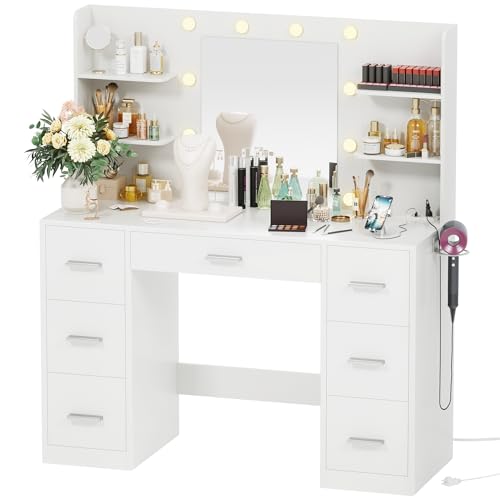 White Vanity Desk with LED Lighted Mirror and 7 Drawers P881489