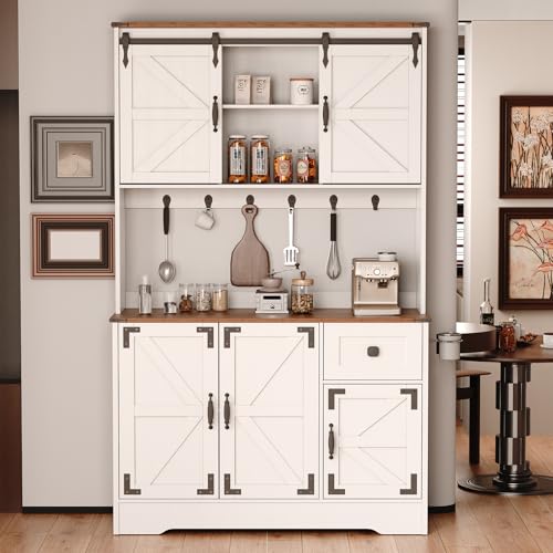 White Kitchen Pantry Cabinet with Charging Station and Microwave Stand X655