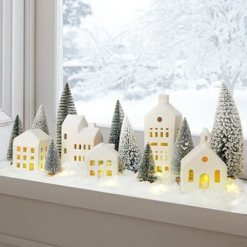 Christmas Village Sets of 5 Ceramic Houses with LED Lights and 9 Trees H372568