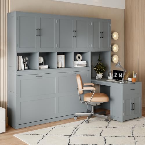 White Twin Size Wooden Murphy Bed with Closet Drawers Desk Q21229
