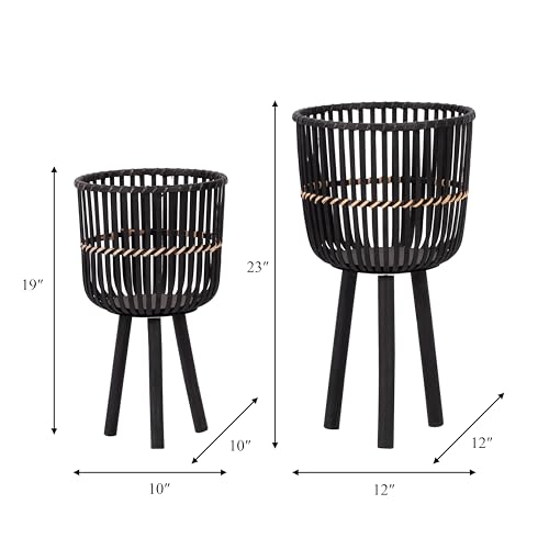 Set of 2 Bamboo Wood Planters on Stands, Brown/Black W43035