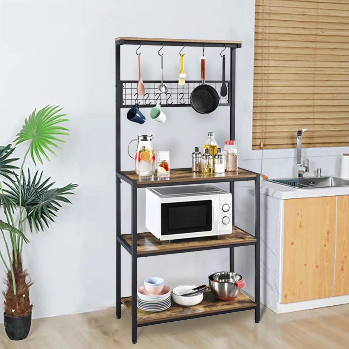 67" Wooden Rustic Brown Bakers Rack with 4 Storage Shelves & 10 Hooks O505