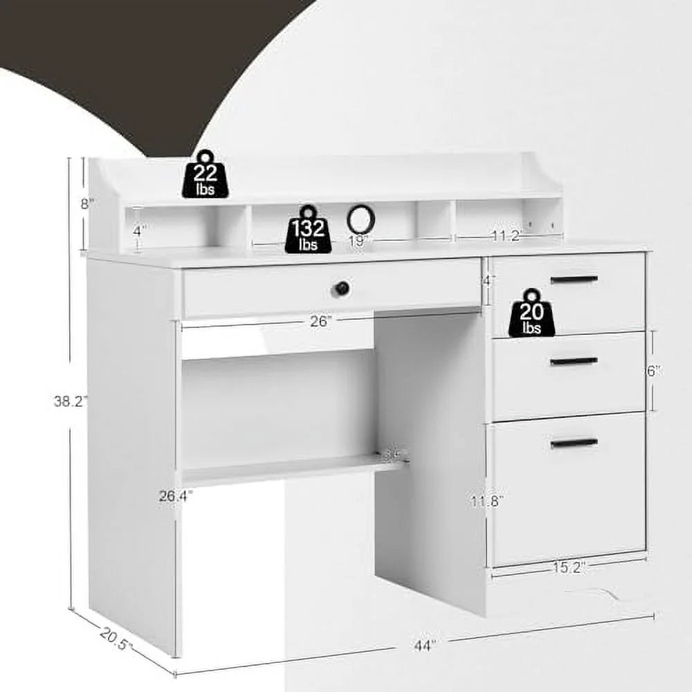 White 44" Wood Desk with 4 Drawers and Hutch K4672