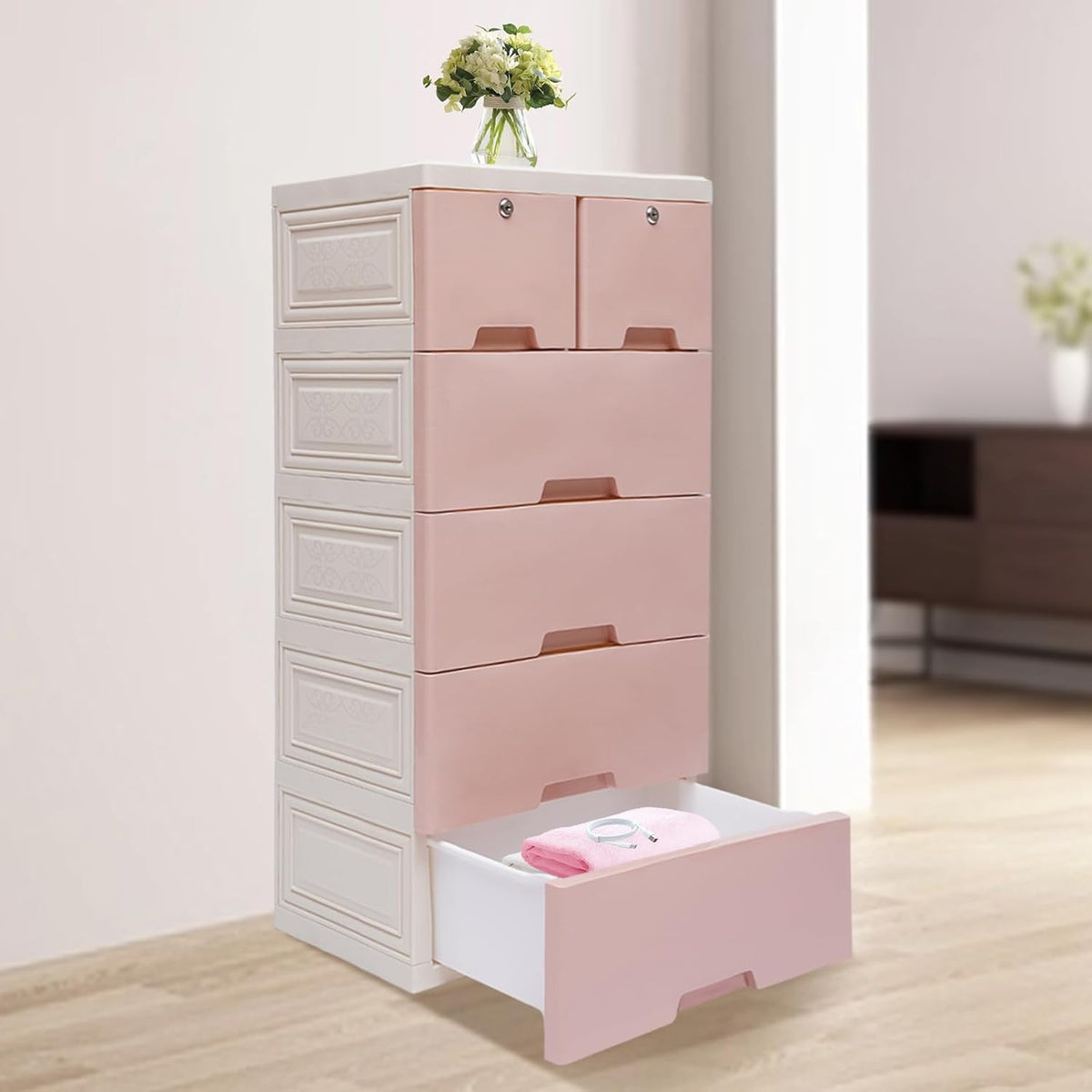 6 Drawers Pink Plastic Dresser with 4 Wheels A55257