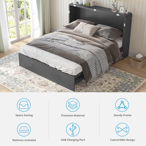 Queen Size Solid Wood Murphy Bed with Foam Mattress and 2 Storage Drawers R108855