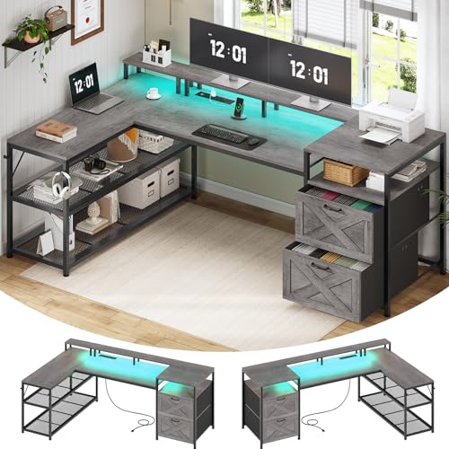 White L Shaped Desk with Drawers and Power Outlet P9909