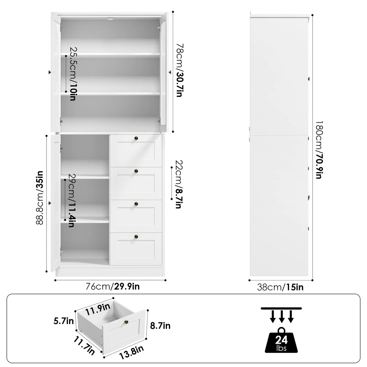 White 70.9" Bathroom Cabinet with Glass Doors and 4 Drawers G7474