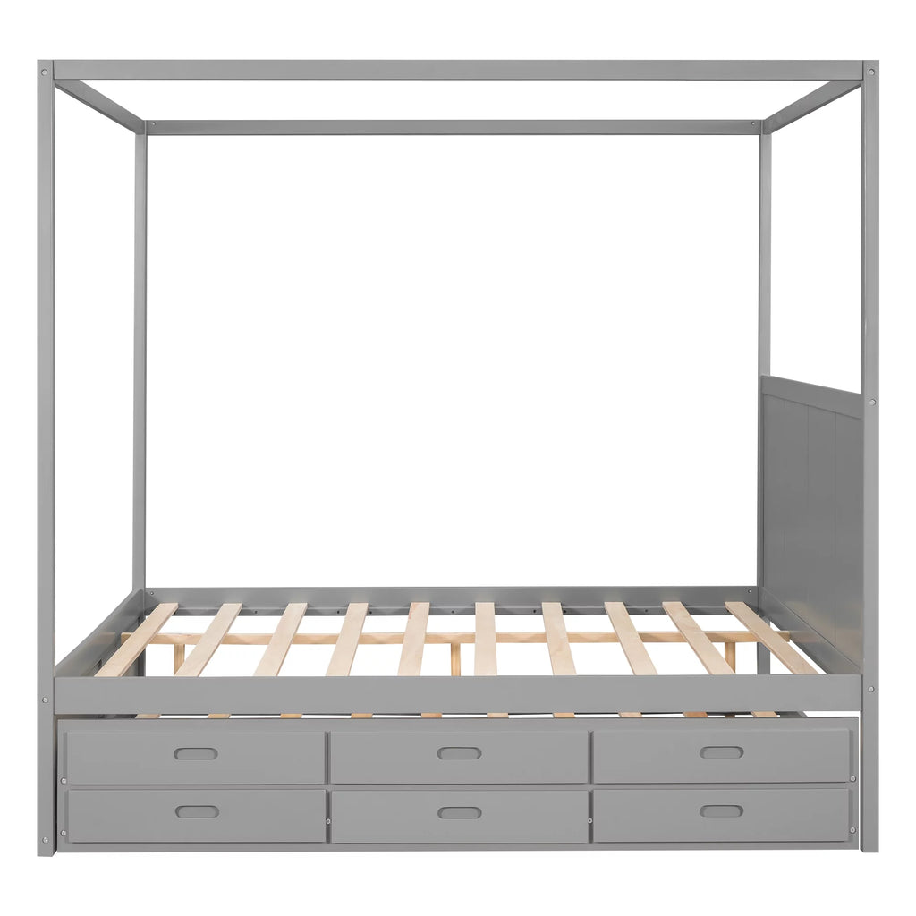 Gray Wooden Queen Platform Bed with Trundle and 3 Storage Drawers M708604
