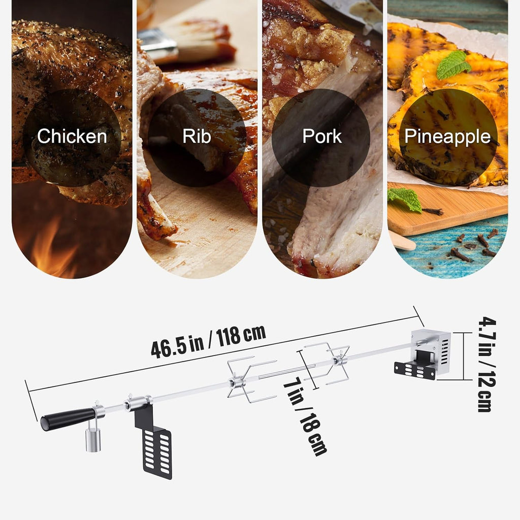 Heavy Duty Stainless Steel Grill Rotisserie Kit with 9W Motor - 32-Inch Hexagon Spit Rod - 26 Lbs Capacity O24442