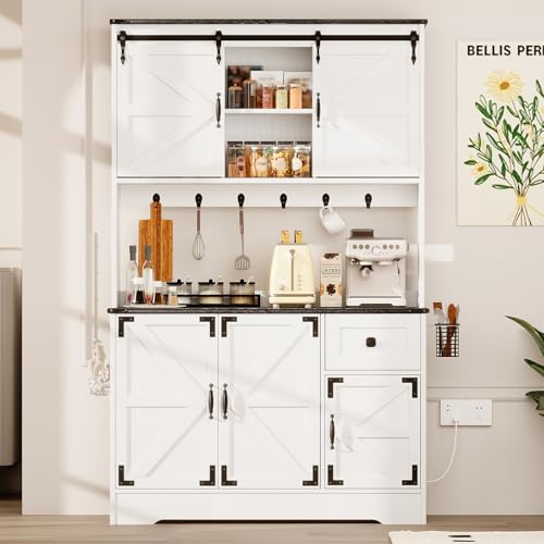 White Kitchen Pantry Cabinet with Charging Station and Microwave Stand X655
