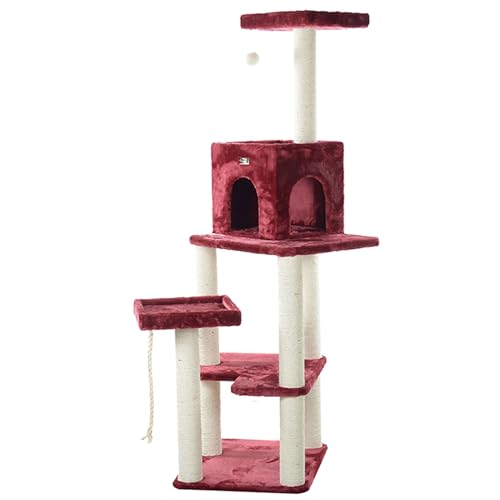 Burgundy Real Wood Cat Tower with Faux Fur J3499