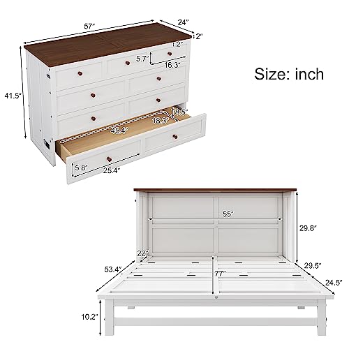 White+Walnut Full Wood Murphy Bed with Storage Drawers U3553