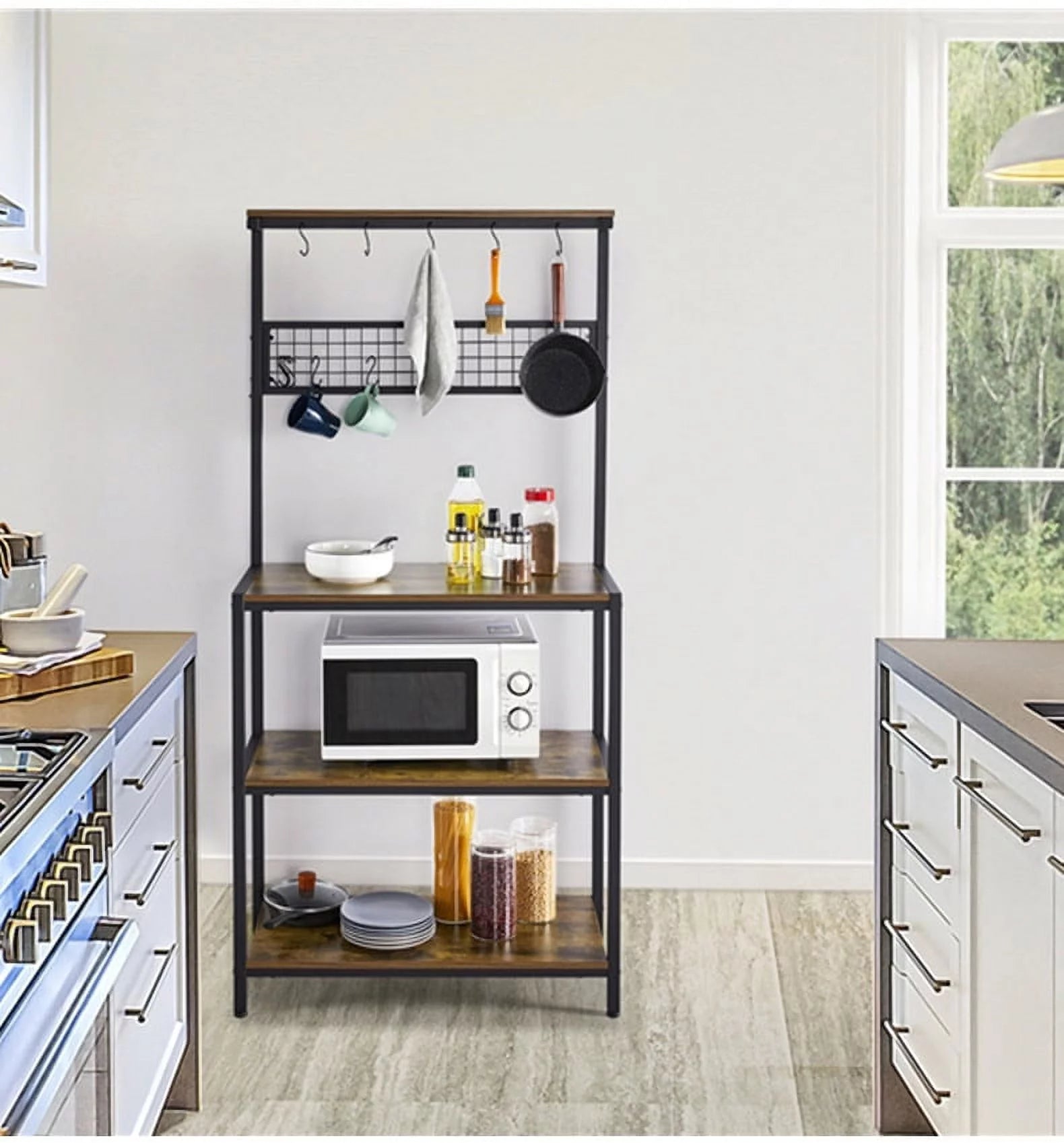 67" Wooden Rustic Brown Bakers Rack with 4 Storage Shelves & 10 Hooks O505