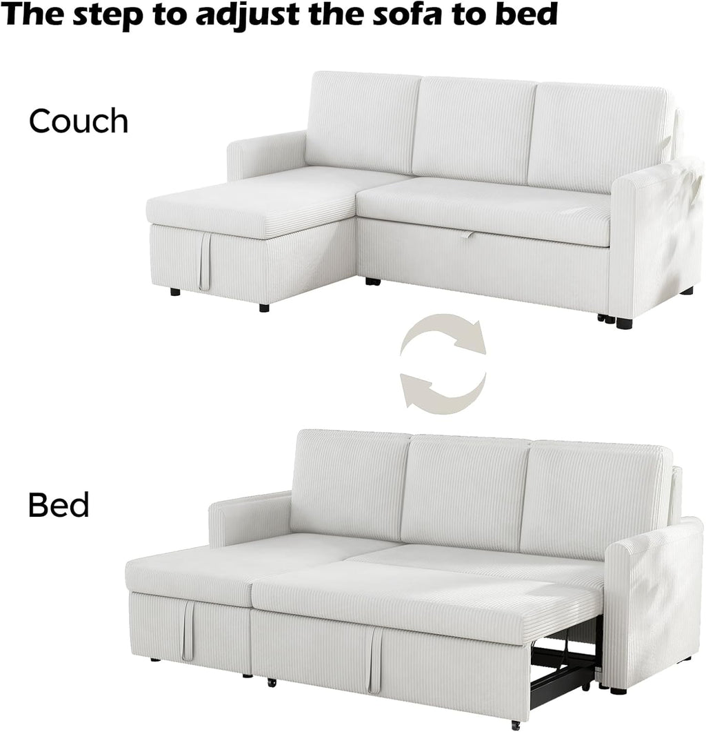Beige Corduroy L-Shaped Sleeper Sofa with Storage Chaise and 2 Pillows K736398