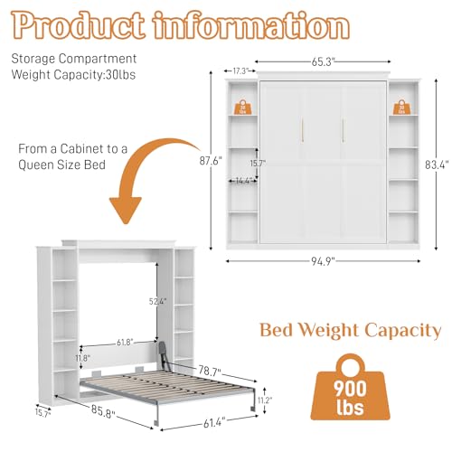 Queen Murphy Bed with Storage Bookcase & 4 Adjustable Shelves, White Wood Wall Bedframe with Metal Legs Q28058