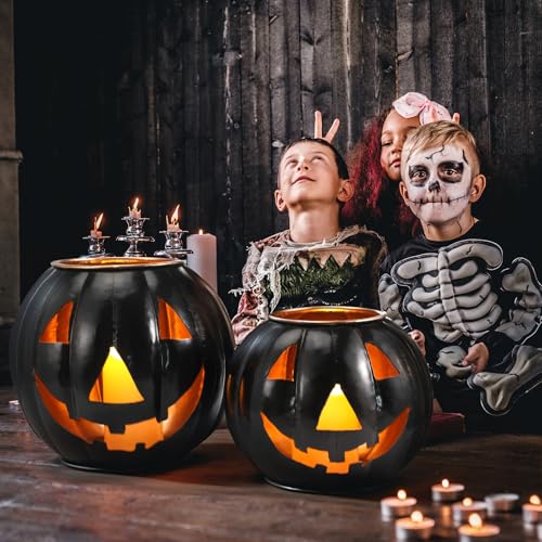 3 Sets Halloween Metal Jack O Lanterns Pumpkin with 3 LED Candles with Black Creepy Cloth Decoration Bundle S307