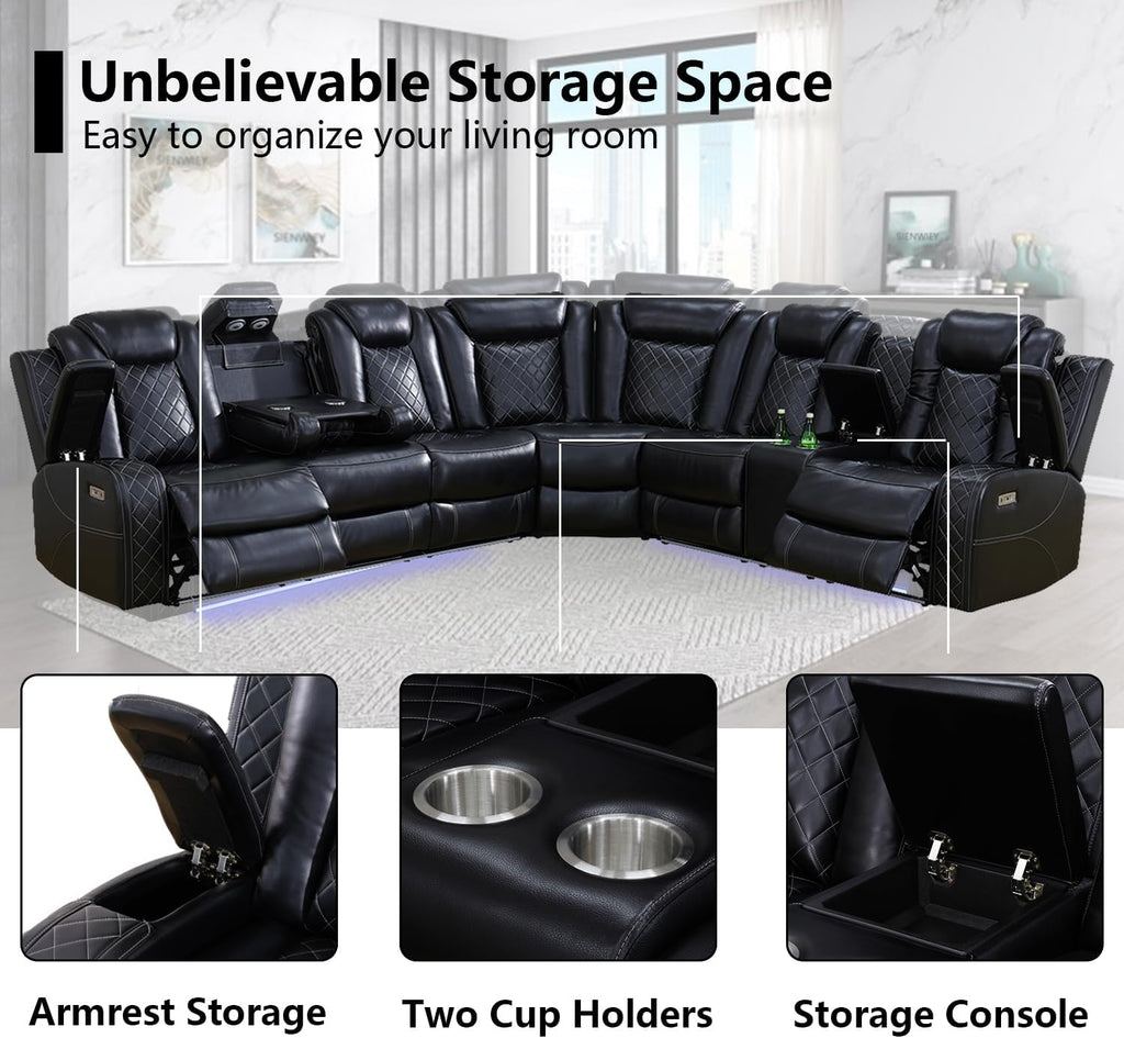 Black Leather Power Reclining Sectional Sofa P1874