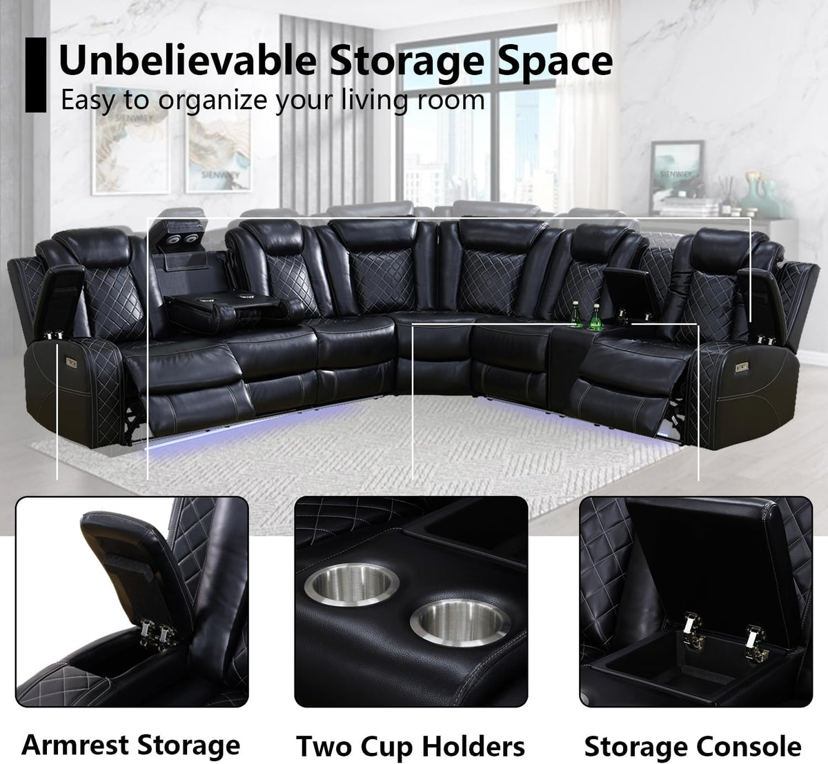 Black Leather Power Reclining Sectional Sofa P1874