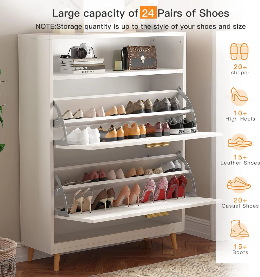 White Narrow Shoe Cabinet with 2 Flip Drawers K448817