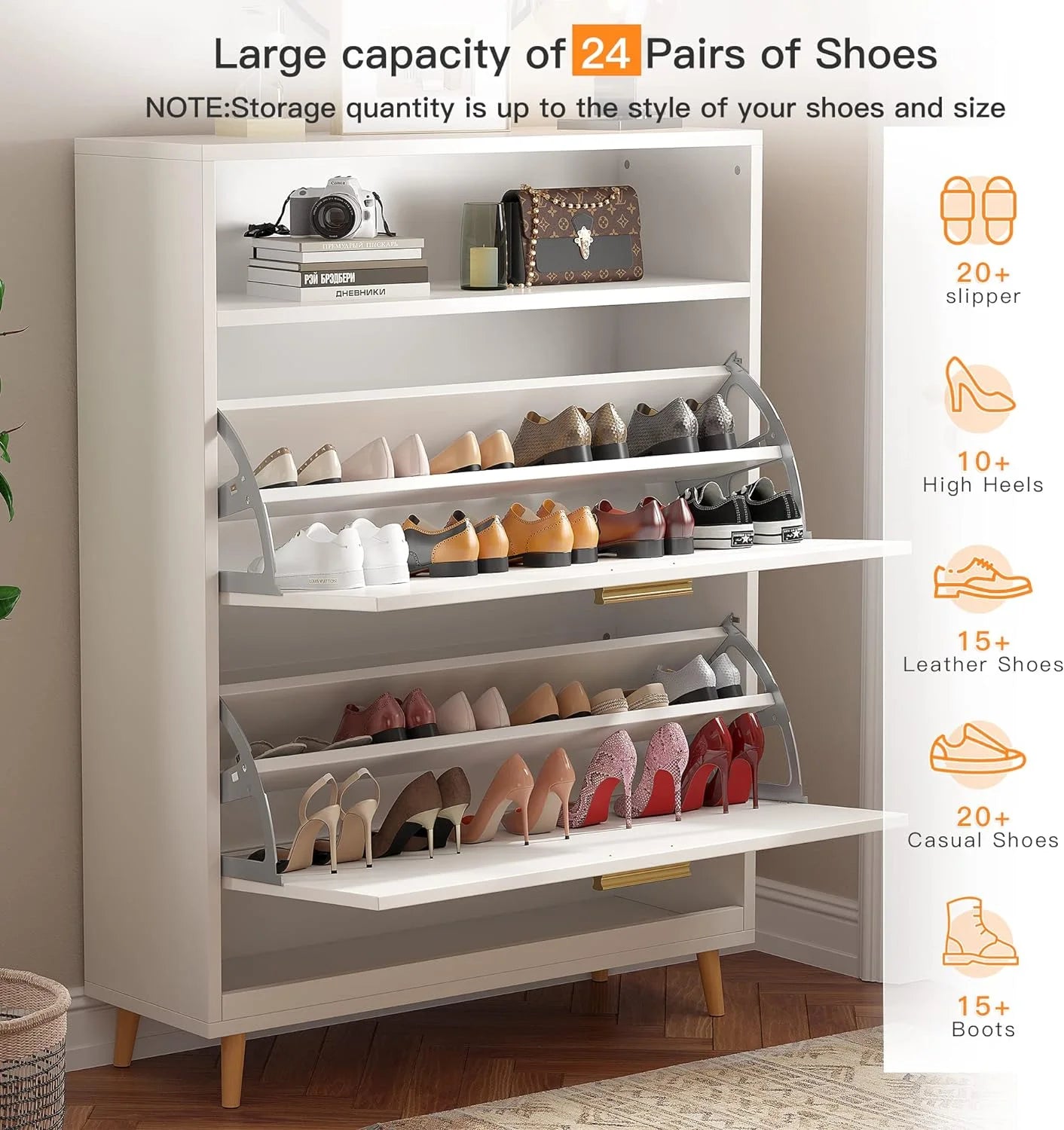 White Narrow Shoe Cabinet with 2 Flip Drawers K448817