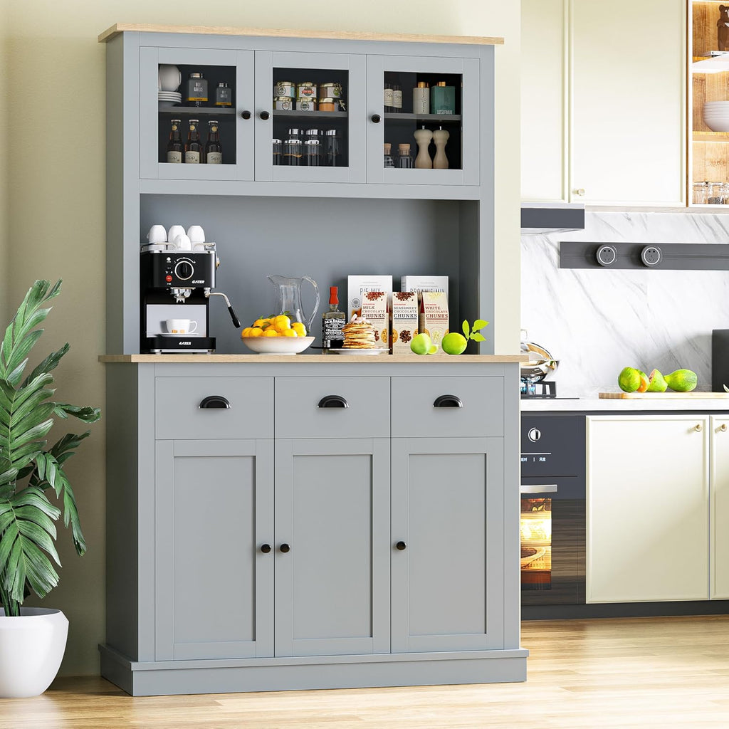 Grey Kitchen Hutch Storage Cabinet with Countertop and Drawers P4529
