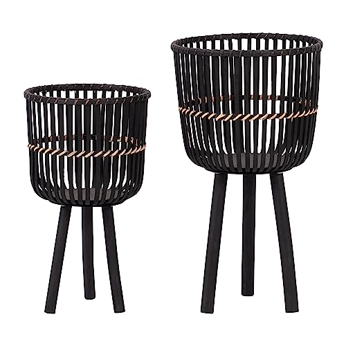 Set of 2 Bamboo Wood Planters on Stands, Brown/Black W43035