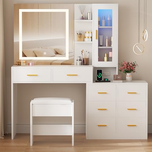 White 51.8" Makeup Vanity Desk with Mirror and Lights 8 Drawers Z79743
