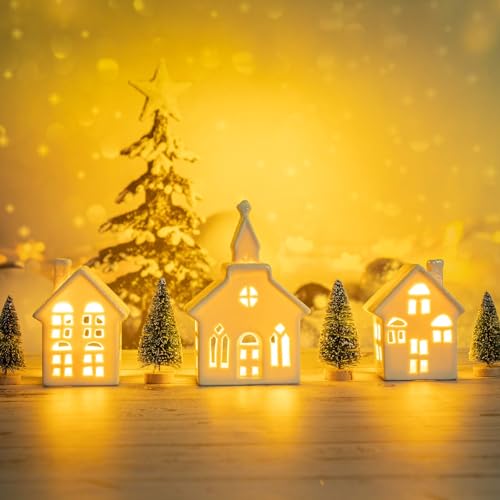 7 Pcs Christmas Porcelain Village Tabletop Figurine LED House Decorations N68476