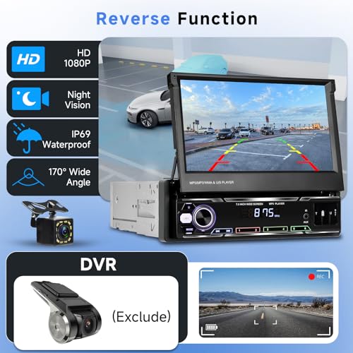 7" Flip Out Touchscreen Car Stereo with Wireless Carplay Android Auto Bluetooth AM/FM USB N5612