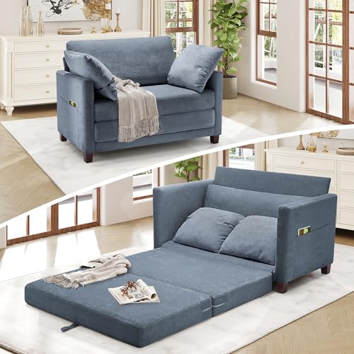 Blue Chenille Convertible Floor Sofa Bed with 2 Pillows A37667