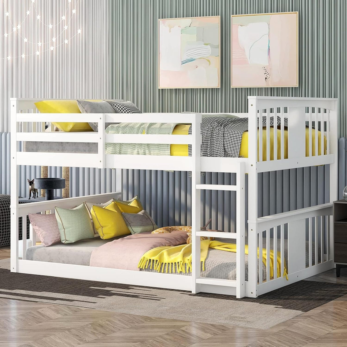 White Twin over Twin Low Bunk Bed Frame Wood Y6234