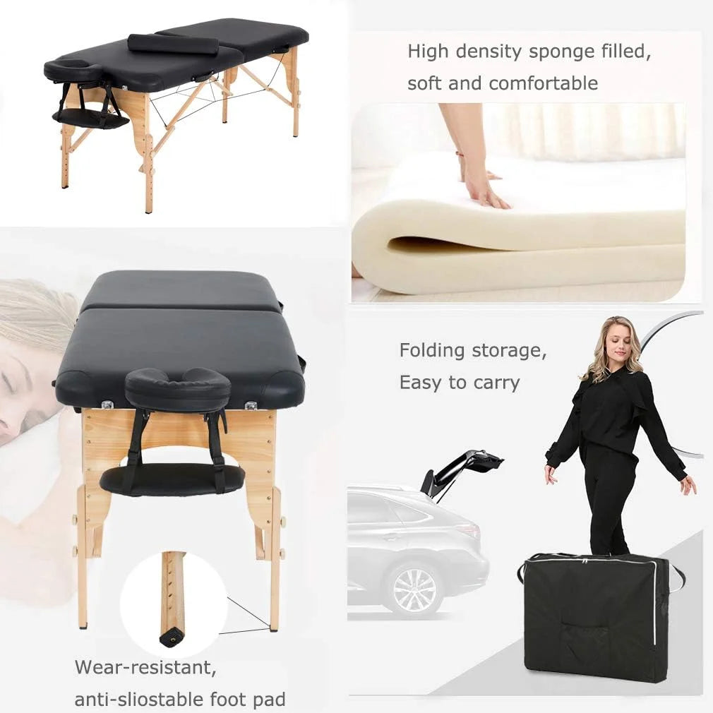Portable Massage Table 73” L 28”W Height Adjustable with Bolsters Carry Case 2 Fold Black X641619