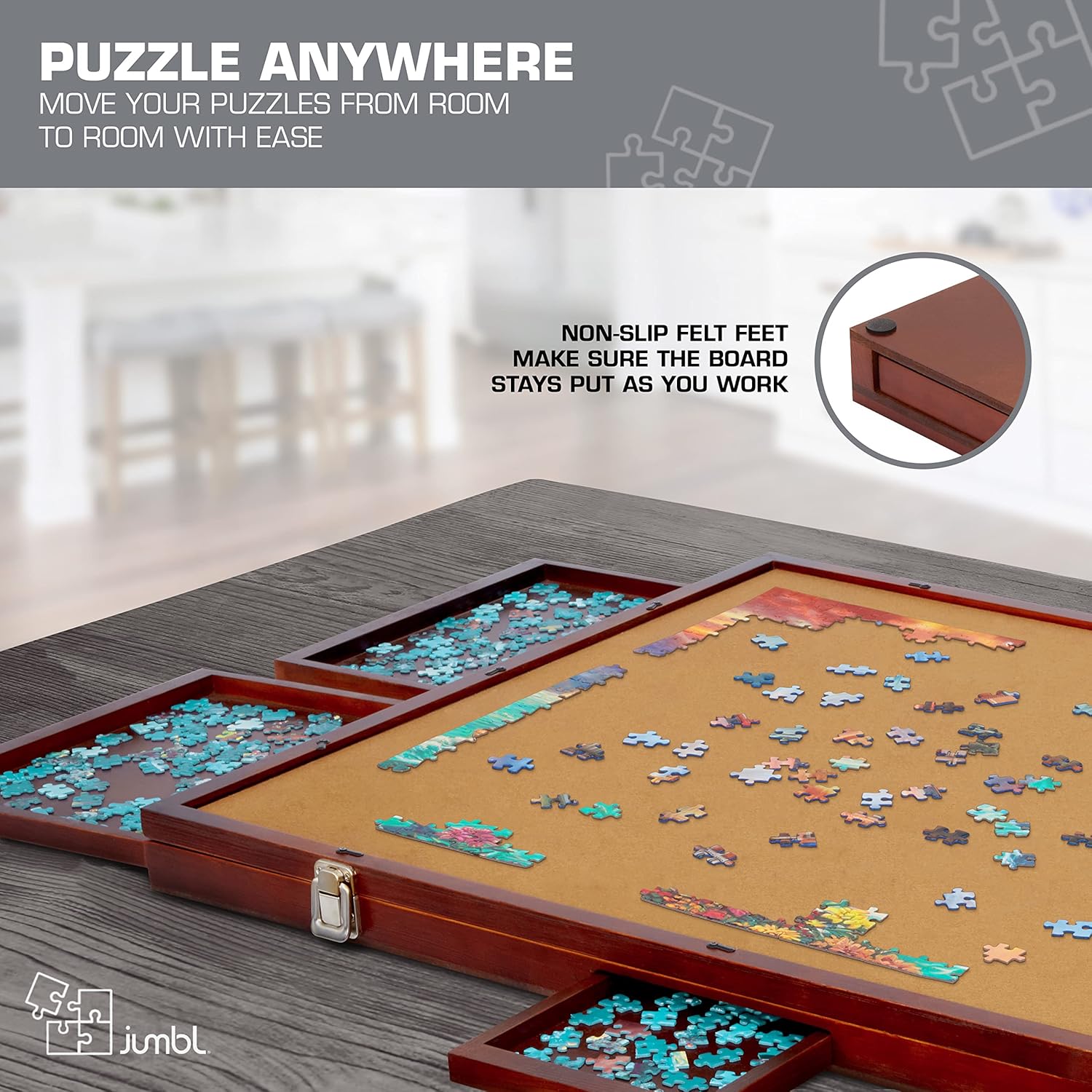 1500-Piece Tilting Puzzle Board with Felt Surface, 6 Removable Sorting Drawers, 27” x 35” Wooden Jigsaw Puzzle Table W483