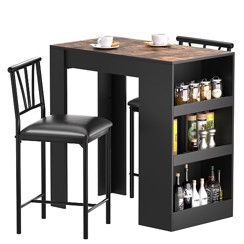 Gray Small Bar Table and Chairs Dining Set for 2 with Storage Shelves M76224