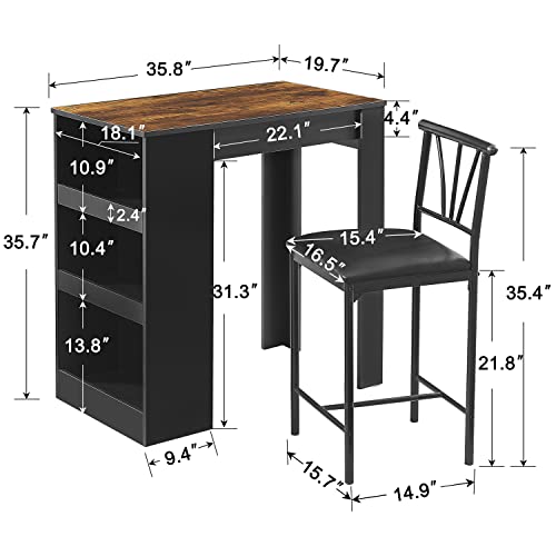 Gray Small Bar Table and Chairs Dining Set for 2 with Storage Shelves M76224