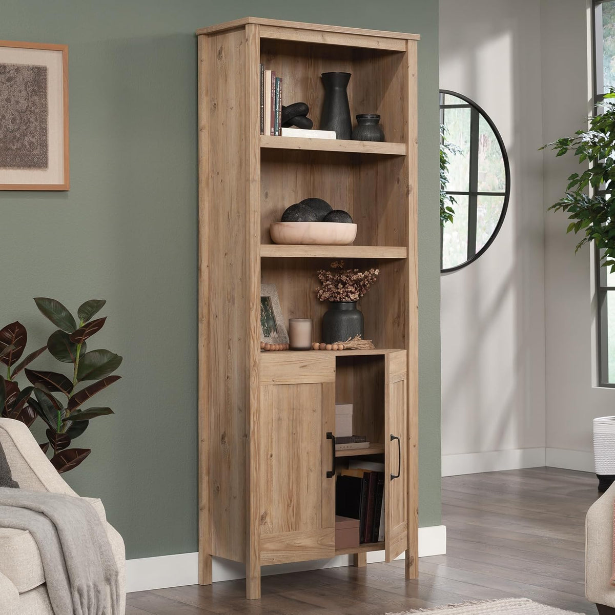 Khaki Pine Finish Bookcase with Doors B981269