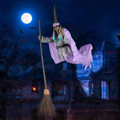 6FT Animated Flying Witch Halloween Decor with Scary Sounds and Lights A300133