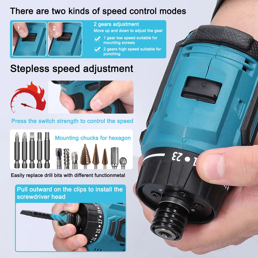 18V Electric Screwdriver Torque Adjustable 2 Speed Control Modes Brushless Motor Repair Tool Kit A3728