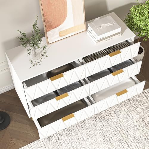 White 6 Drawer Wood Dresser with Gold Handles F653054