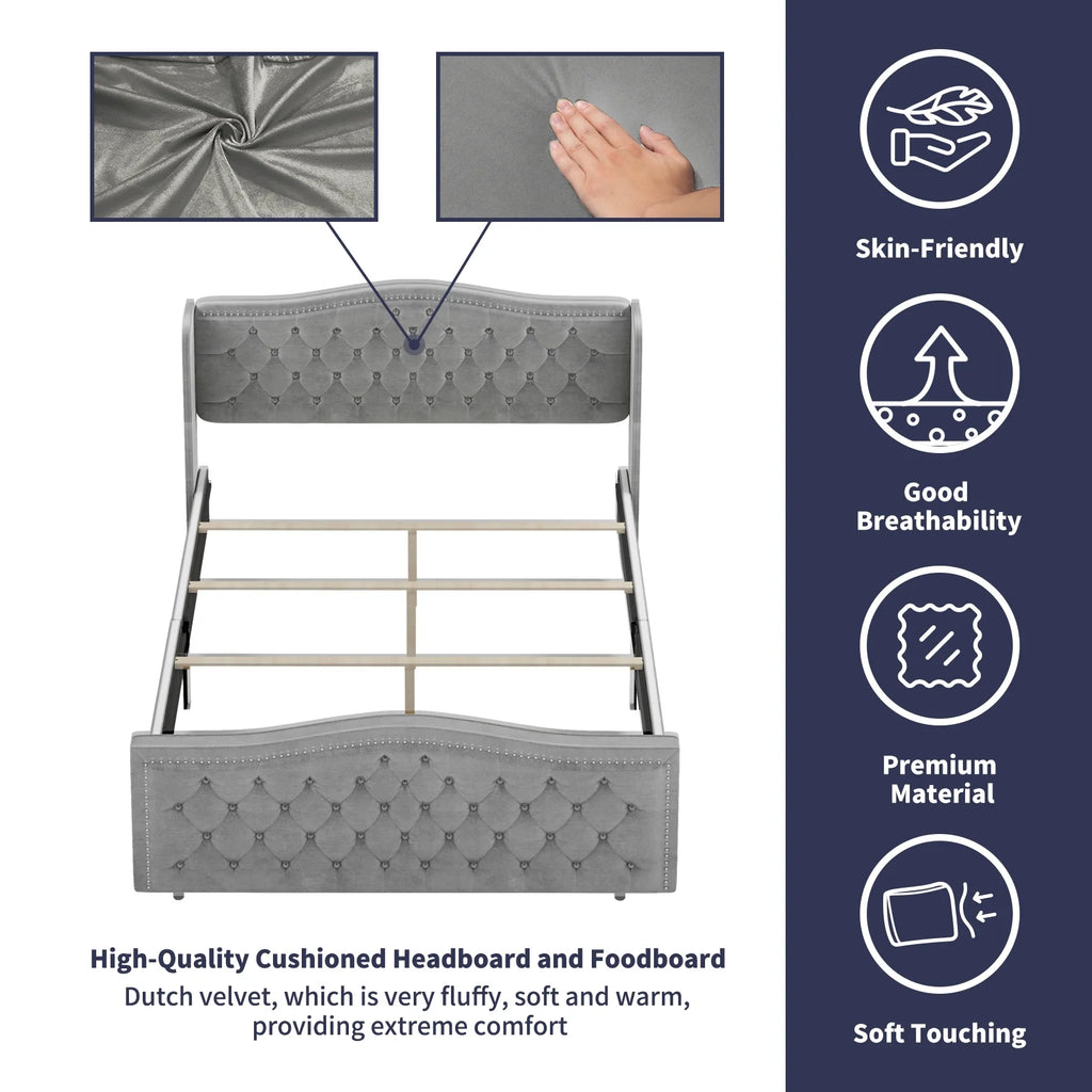 King Size Button Tufted Velvet Platform Bed Frame, Silver Grey E6280