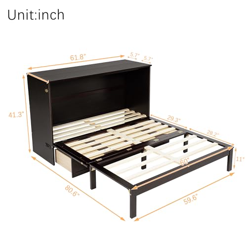 Queen Murphy Bed Cabinet with Charging Station & Rattan Design – Wall Bed with Large Storage Drawer, Foldable Platform Bed – Pine Wood Construction, Walnut L94620