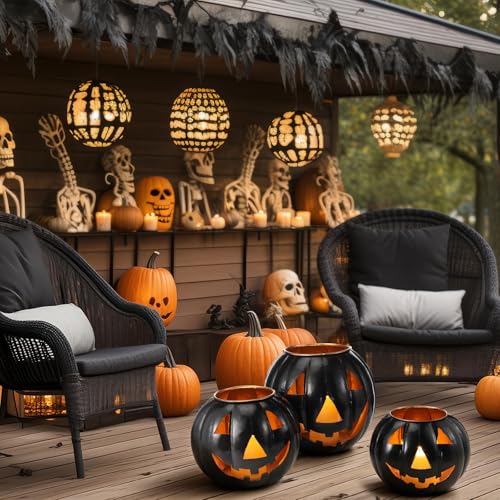 3 Sets Halloween Metal Jack O Lanterns Pumpkin with 3 LED Candles with Black Creepy Cloth Decoration Bundle S307