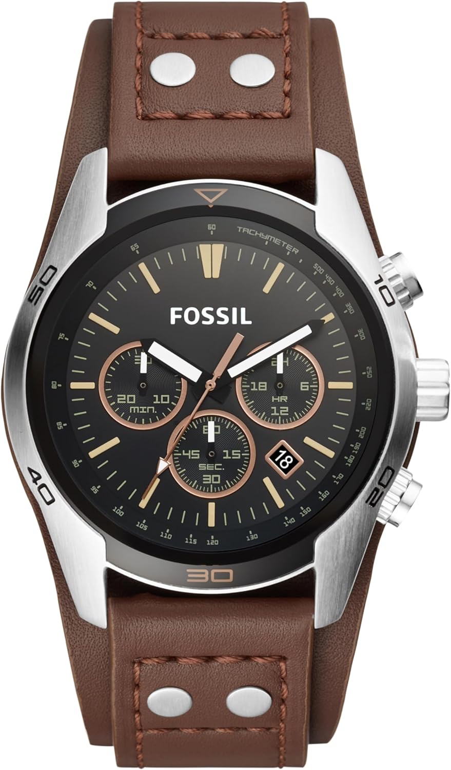 Silver Stainless Steel and Leather Chronograph Watch F91574