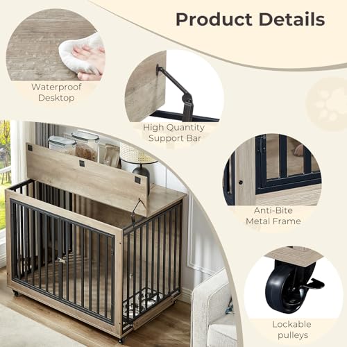 Grey Wooden Dog Crate with Double Doors and Pull-Out Dog Bowls I22260