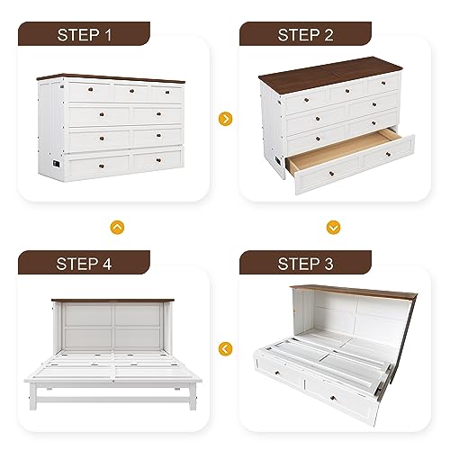 White+Walnut Full Wood Murphy Bed with Storage Drawers U3553