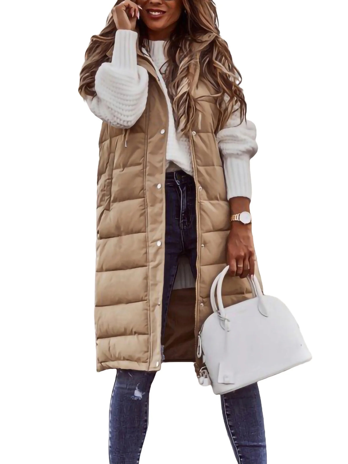 Women's Hooded Down Long Vest Padded Jacket with Pockets R443167